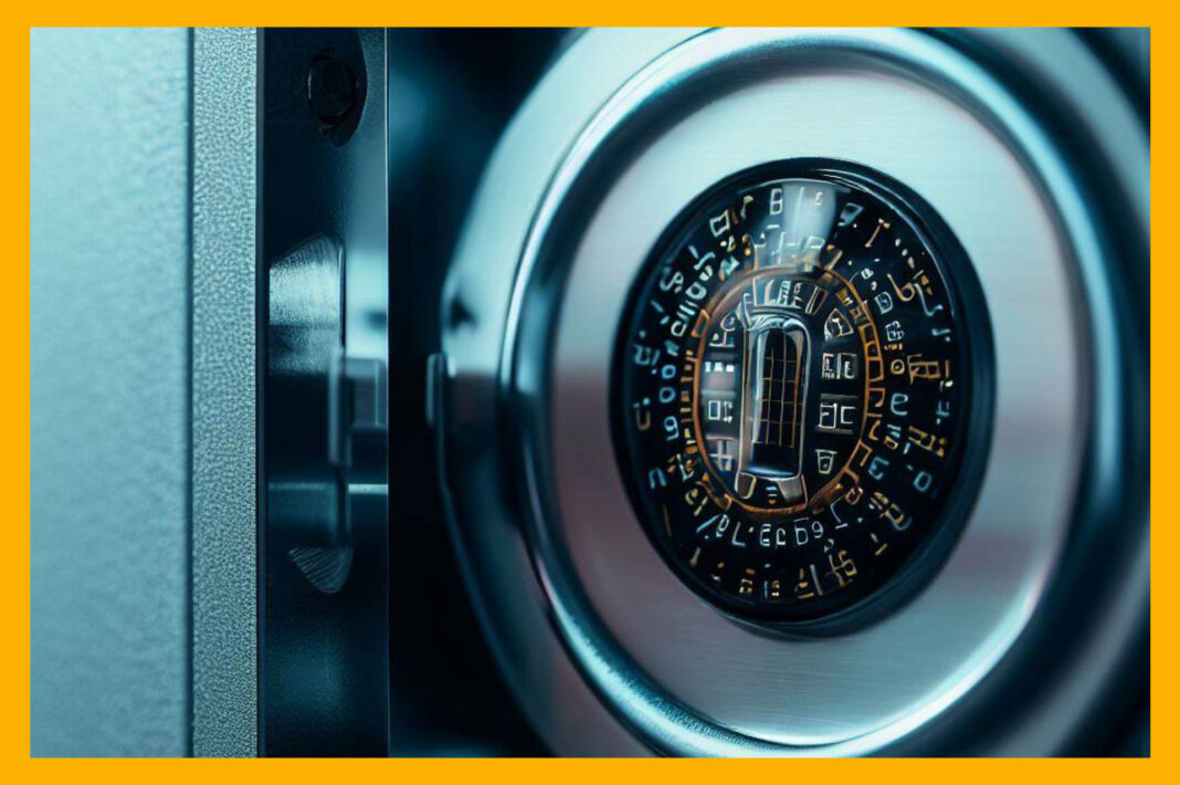 A close-up of a locked safe with a digital keypad and a steel door. This image represents the security and protection provided by cryptocurrency custody services