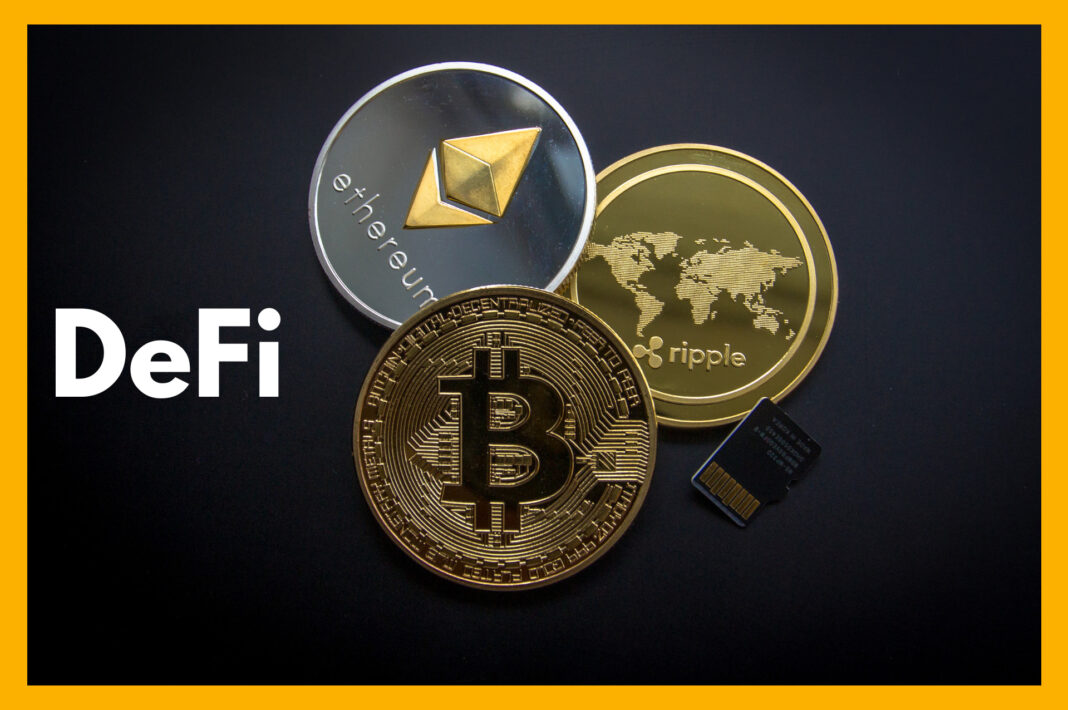 A collage of DeFi symbols representing key concepts, like smart contracts and peer-to-peer lending, illustrating the potential of decentralized finance.