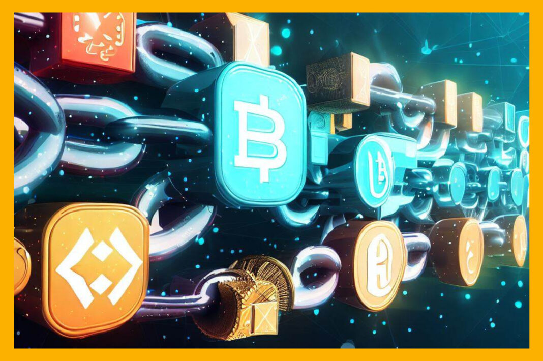 Illustration of a blockchain with interconnected blocks featuring cryptocurrency logos, symbolizing the crucial link between blockchain technology and digital assets.