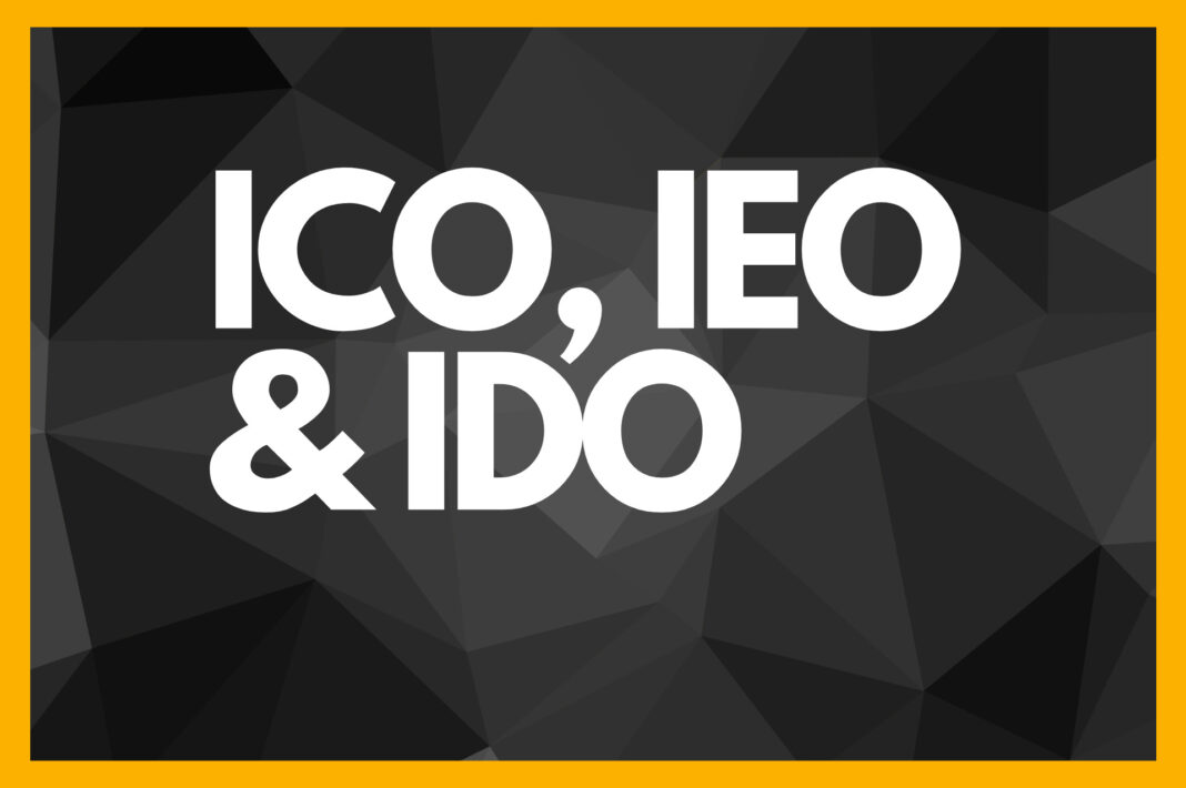 Token sale icons for ICOs, IEOs, and IDOs on a podium, symbolizing the different types of crypto fundraising events.